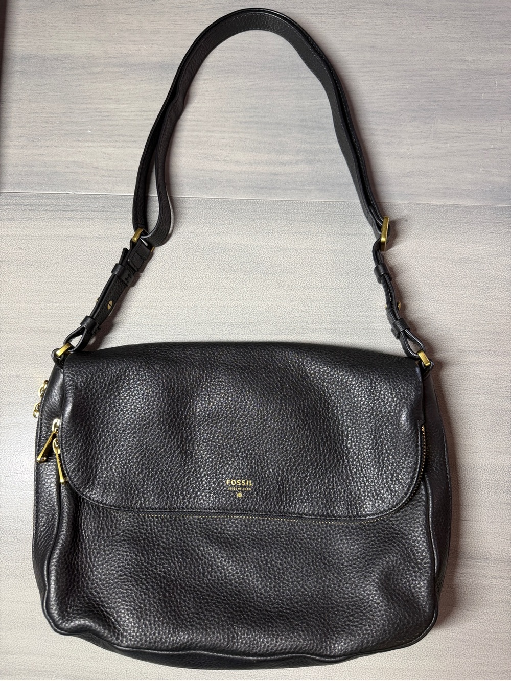 Fossil Preston Black Pebbled Leather Shoulder Bag Compartment Purse crossbody